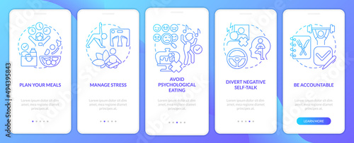 Maintain weight after diet blue gradient onboarding mobile app screen. Walkthrough 5 steps graphic instructions pages with linear concepts. UI, UX, GUI template. Myriad Pro-Bold, Regular fonts used