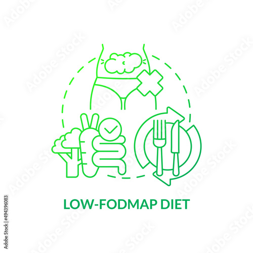 Low FODMAP diet green gradient concept icon. Carbohydrates restricted. Prevent bloating. Trendy diet plan abstract idea thin line illustration. Isolated outline drawing. Myriad Pro-Bold font used