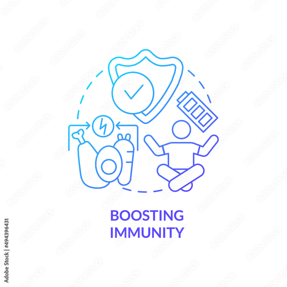 Boosting immunity blue gradient concept icon. Strengthen immune system. Healthy diet advantages abstract idea thin line illustration. Isolated outline drawing. Myriad Pro-Bold font used