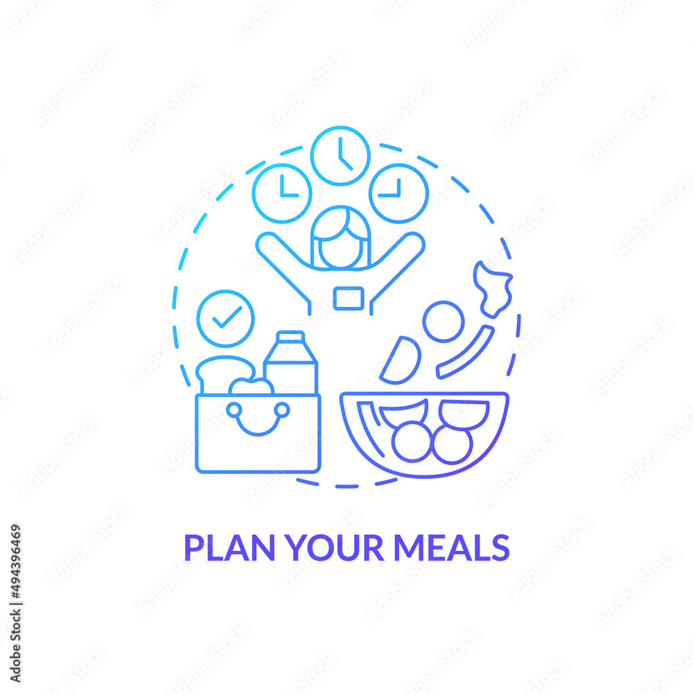 Plan your meals blue gradient concept icon. Healthy food. Maintaining weight after long term diet abstract idea thin line illustration. Isolated outline drawing. Myriad Pro-Bold font used Plan your meals blue gradient concept icon. Healthy food. Maintaining weight after long term diet abstract idea thin line illustration. Isolated outline drawing. Myriad Pro-Bold font used