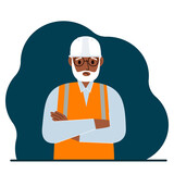 Sad male construction worker in a white helmet and an orange vest. Vector