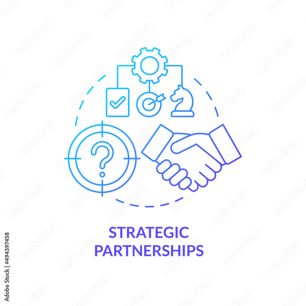 Strategic partnerships blue gradient concept icon. Cooperation process. Business development abstract idea thin line illustration. Isolated outline drawing. Myriad Pro-Bold font used