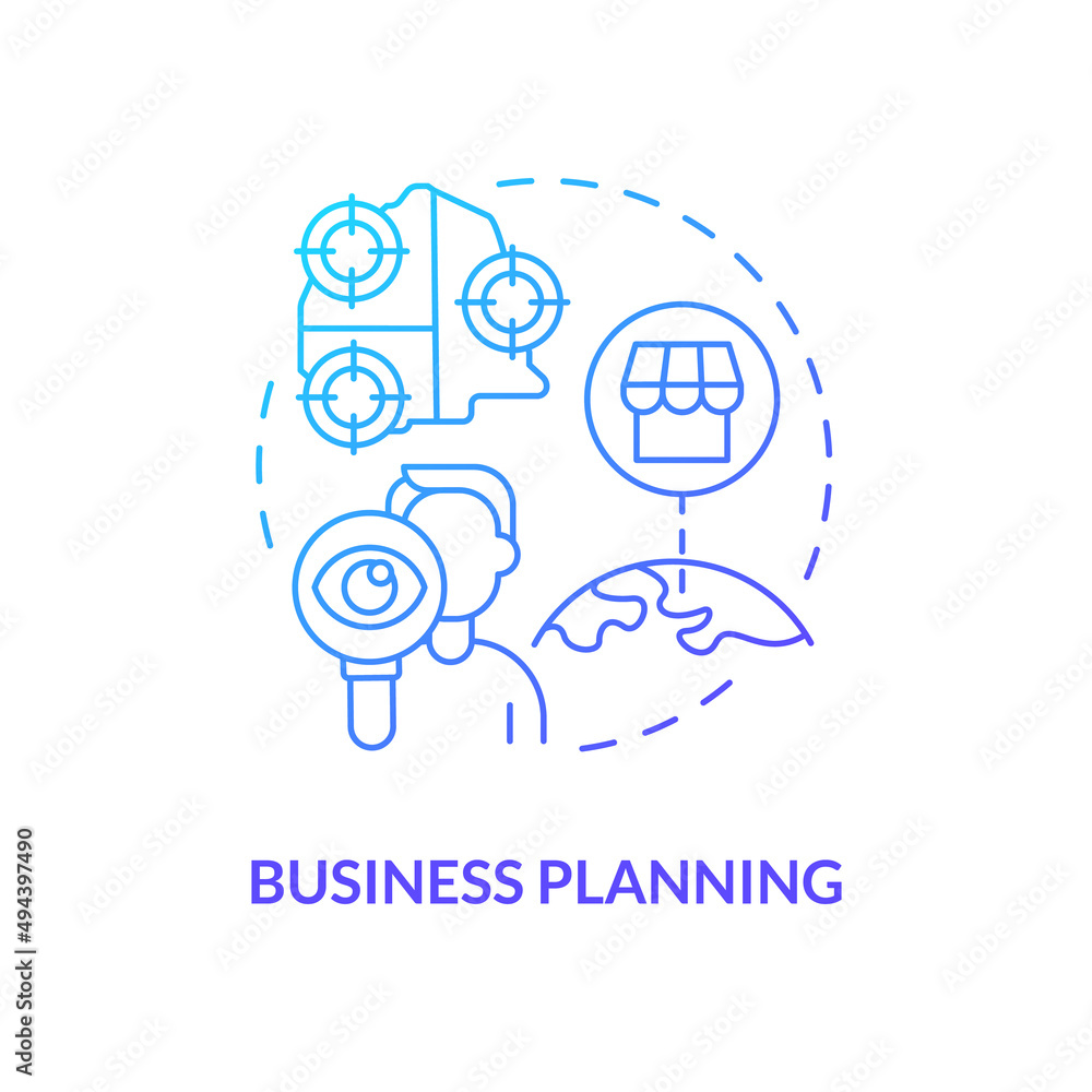 Business planning blue gradient concept icon. Marketing strategy. Enterprising development abstract idea thin line illustration. Isolated outline drawing. Myriad Pro-Bold font used Business planning blue gradient concept icon. Marketing strategy. Enterprising development abstract idea thin line illustration. Isolated outline drawing. Myriad Pro-Bold font used