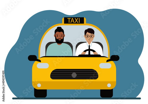 Yellow taxi car. A man in a shirt and tie, a taxi driver, is carrying a man passenger. Foreground. Vector