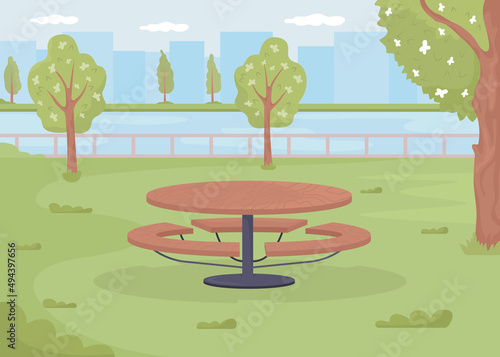 Picnic table surrounded by residential green space flat color vector illustration. Urban environment. Outdoor venue. Green place for picnic in park 2D simple cartoon landscape with city on background