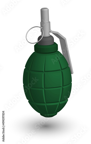 Isometric Combat hand fragmentation ribbed grenade with cube. Explosive objects, soldier weapon. Realistic 3D vector isolated on white background