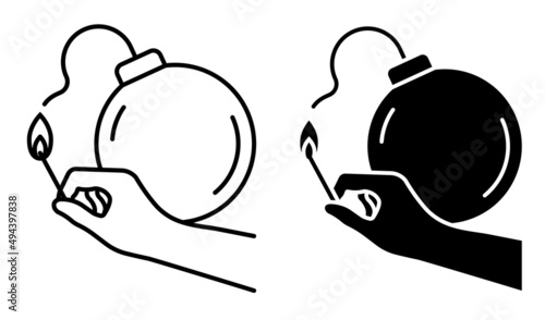Linear icon, hand with match lights fuse of bomb. Incitement to conflict, provocation to enmity. Simple black and white vecto isolated on white background