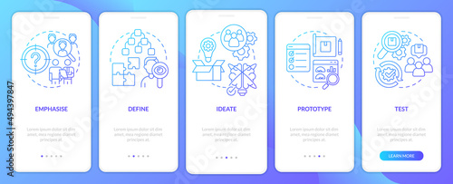 Design thinking process blue gradient onboarding mobile app screen. Walkthrough 5 steps graphic instructions pages with linear concepts. UI, UX, GUI template. Myriad Pro-Bold, Regular fonts used