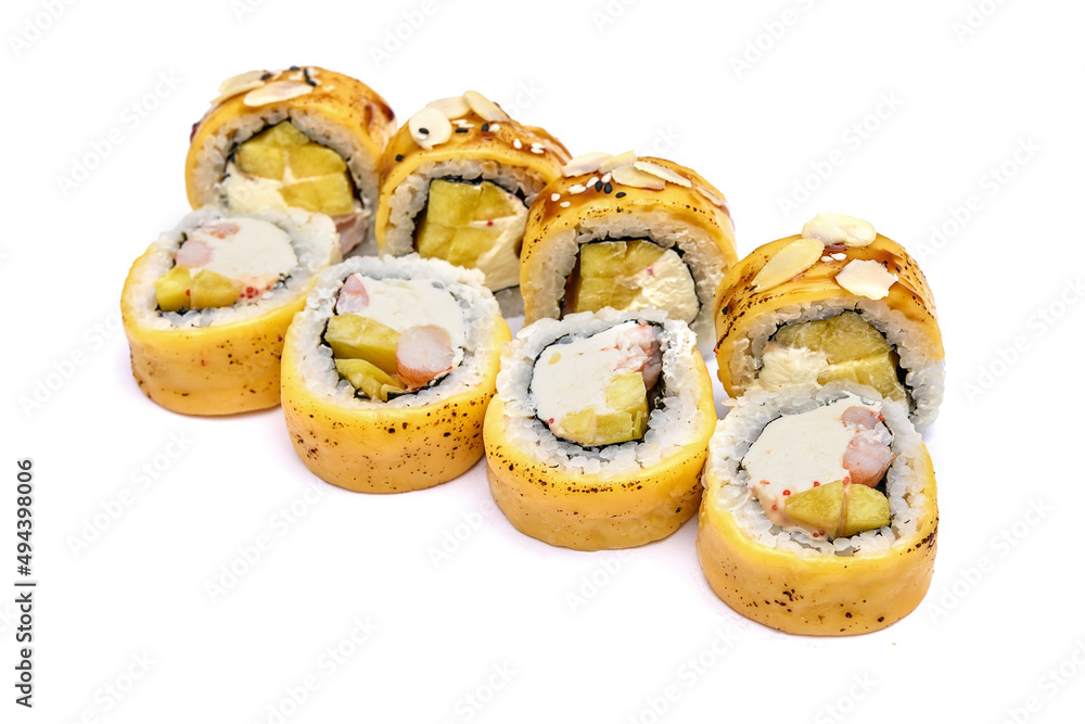 Hot cheese sushi set with shrimps. Sushi neatly wrapped in melted cheese