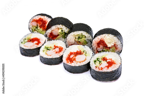 Sushi set with shrimp, red caviar and avocado in nori sheets on a white background