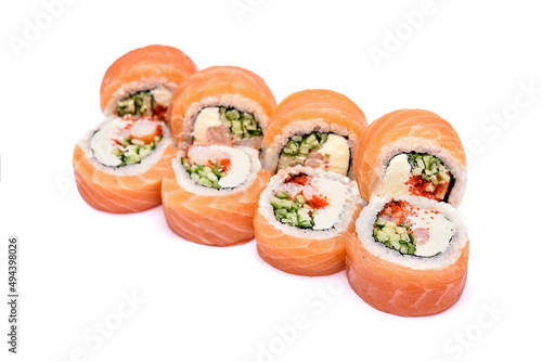 Sushi set with red fish, red caviar, cucumber and tuna on a white background