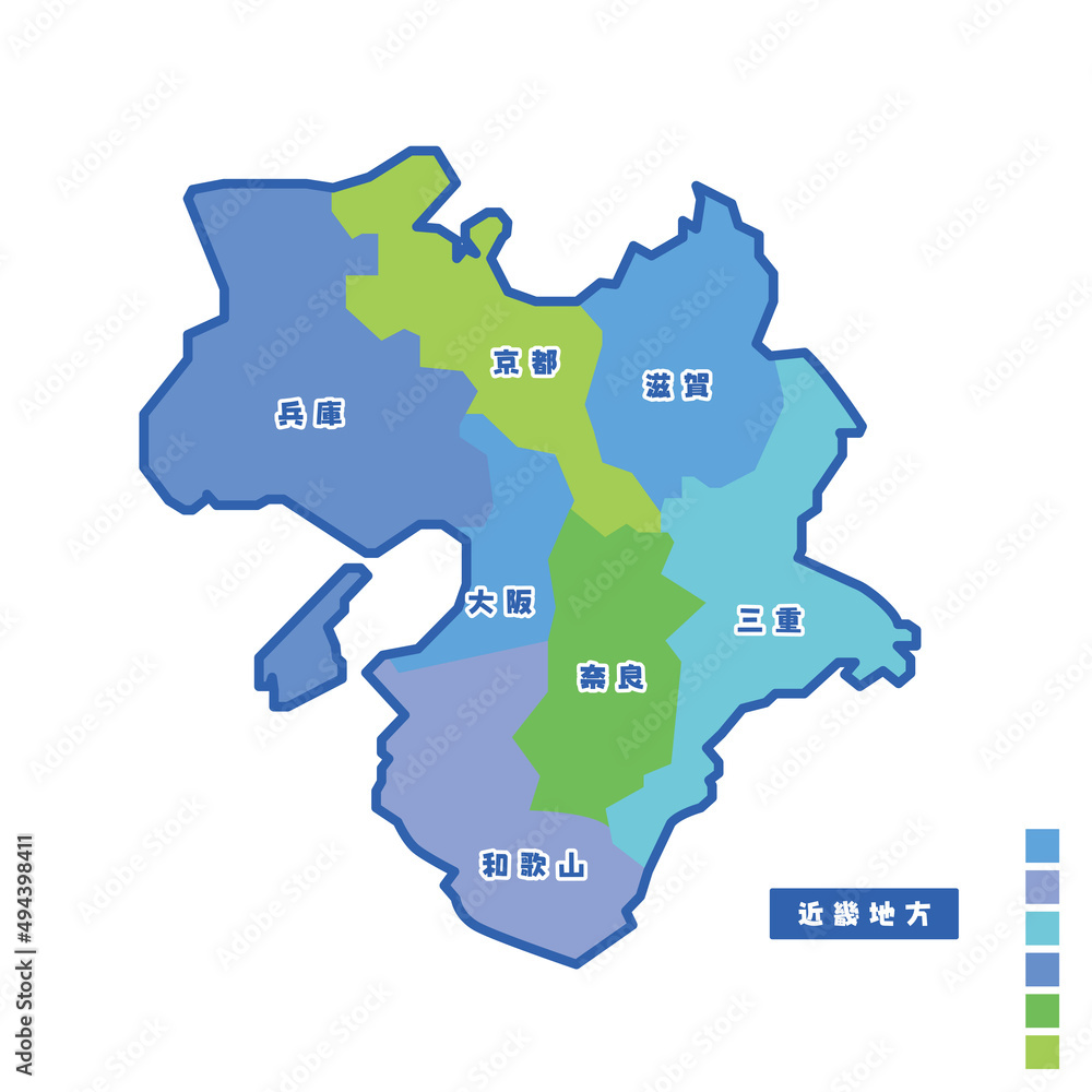 日本の地域図 近畿地方 雨の日カラーで色分けマップ