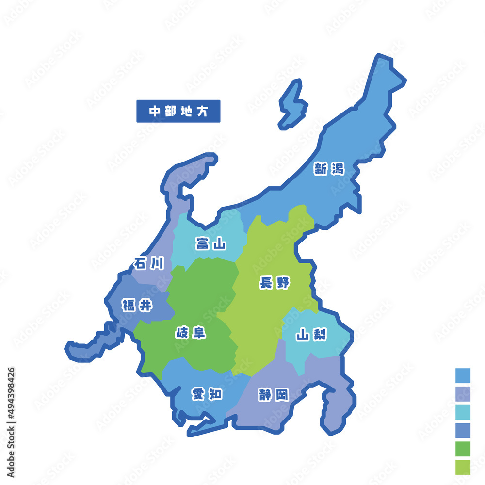 日本の地域図 中部地方 雨の日カラーで色分けマップ Stock ベクター | Adobe Stock