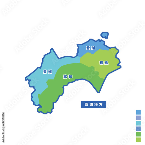 日本の地域図 四国地方 雨の日カラーで色分けマップ
