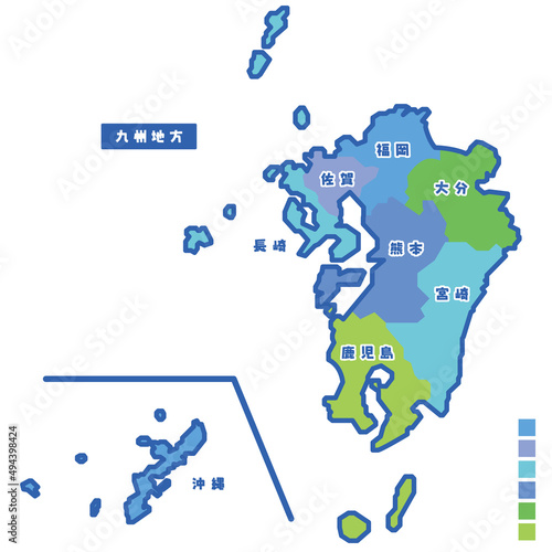 日本の地域図 九州地方 雨の日カラーで色分けマップ