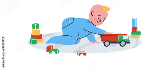 A small child plays with cars on the carpet. The baby is crawling on the floor. Toys cubes and cars. Flat vector illustration. Eps10