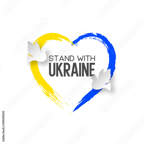 Stand with Ukraine. Ukraine War concept with grunge heart in national ukrainian flag colors and pigeons. Vector illustration.