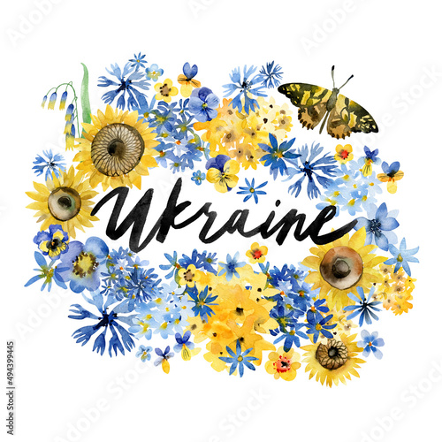 Fototapeta Naklejka Na Ścianę i Meble -  Ukraine in national colors. Patriotic illustration from flowers and lettering 