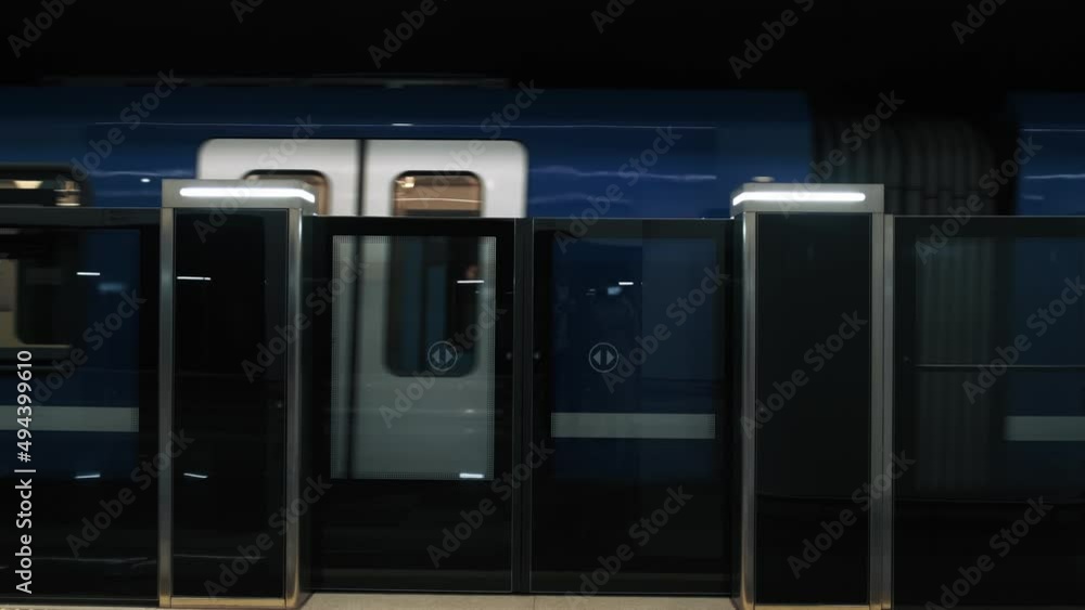 Approaching the station subway car. Close-up of a blue subway car arriving at the station. High quality 4k footage Approaching the station subway car. Close-up of a blue subway car arriving at the station. High quality 4k footage