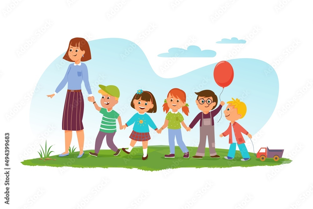 Back to school. Small children follow the teacher and hold hands. Lang banner. Template for the design. Funny cartoon characters. Vector illustration. Isolated on a white background
