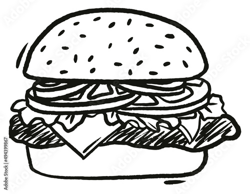 Burger hand drawn outline doodle icon. Grilled Hamburger fast food vector sketch illustration on white background