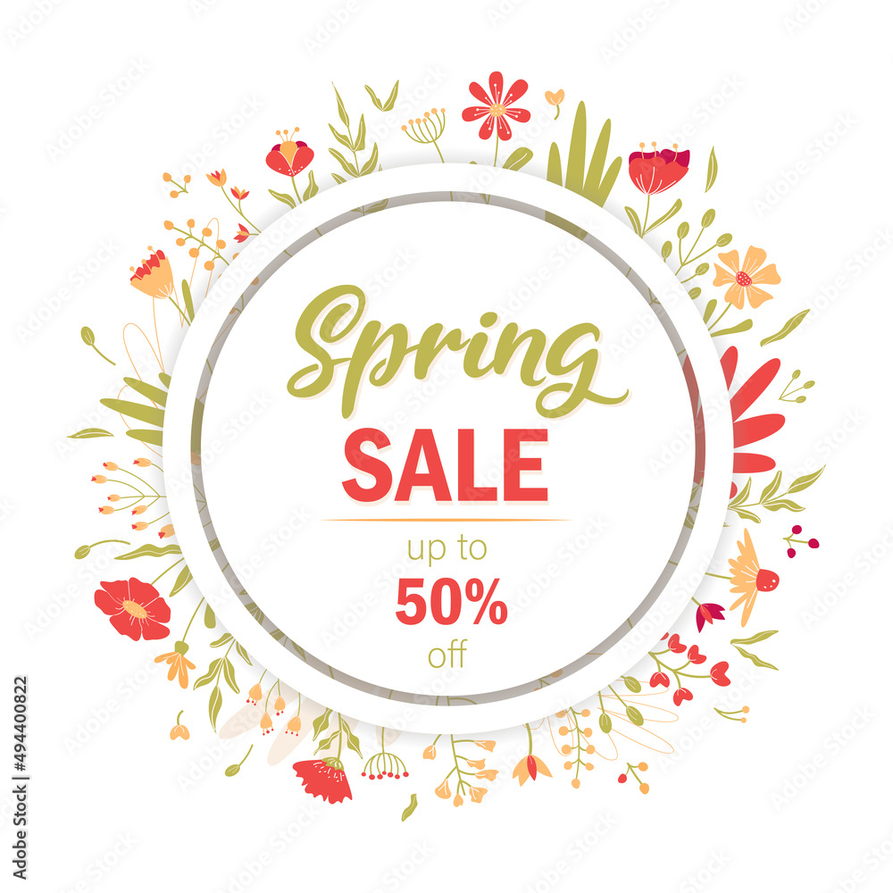 Spring sale, lettering. Banner, summer flowers and plants, leaves. Flower illustration. Red and green flowers, green leaves, red inscription. Up to 50 off.
