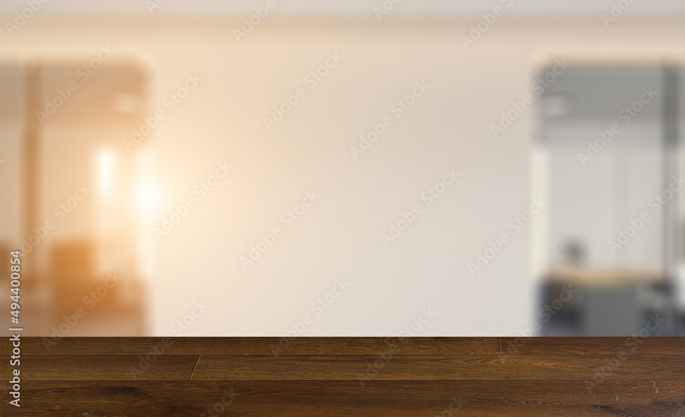 Elegant office interior. Mixed media. 3D rendering.. Sunset.. Background with empty table. Flooring. Elegant office interior. Mixed media. 3D rendering.. Sunset.. Background with empty table. Flooring.