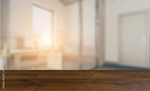 Modern office Cabinet.  3D rendering.   Meeting room. Sunset.. Background with empty table. Flooring.