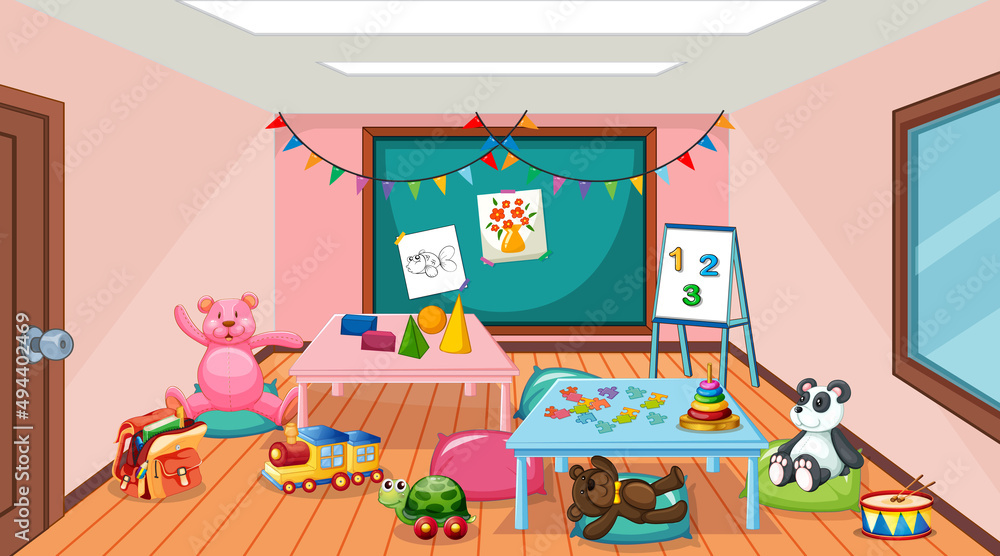 Empty kindergarten classroom interior with many kid toys Stock Vector