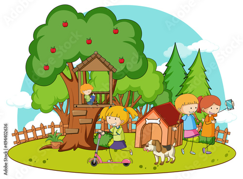 A simple tree house and doghouse with kids in nature background