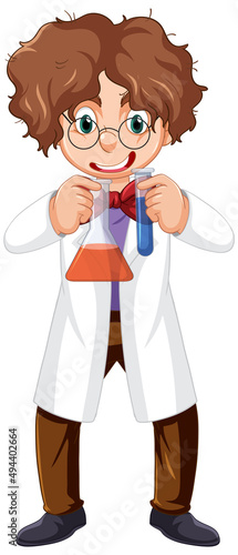 A chemist holding beaker and test tube on white background