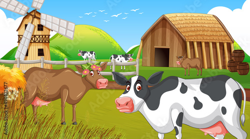 Outdoor cow farm scene with happy animals cartoon