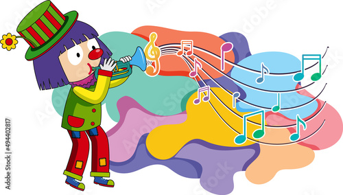 Clown blowing trumpet with music notes on white background