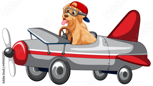 A dog driving plane on white background