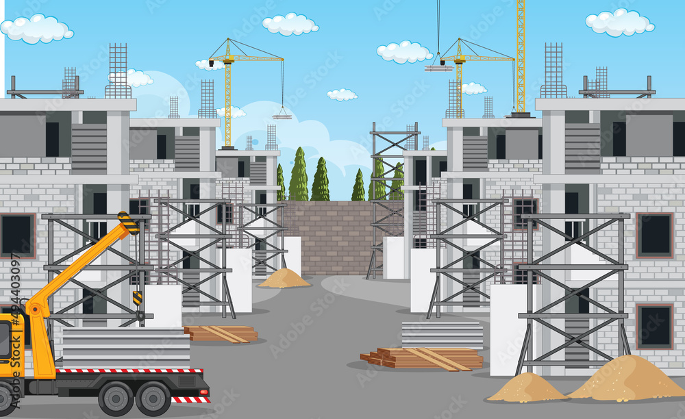 Cartoon scene of building construction site Cartoon scene of building construction site