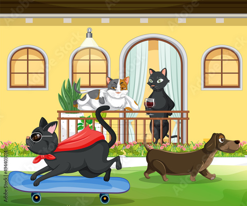Outdoor scene with cartoon cats and dogs