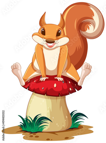 Cute cartoon squirrel sitting on mushroom