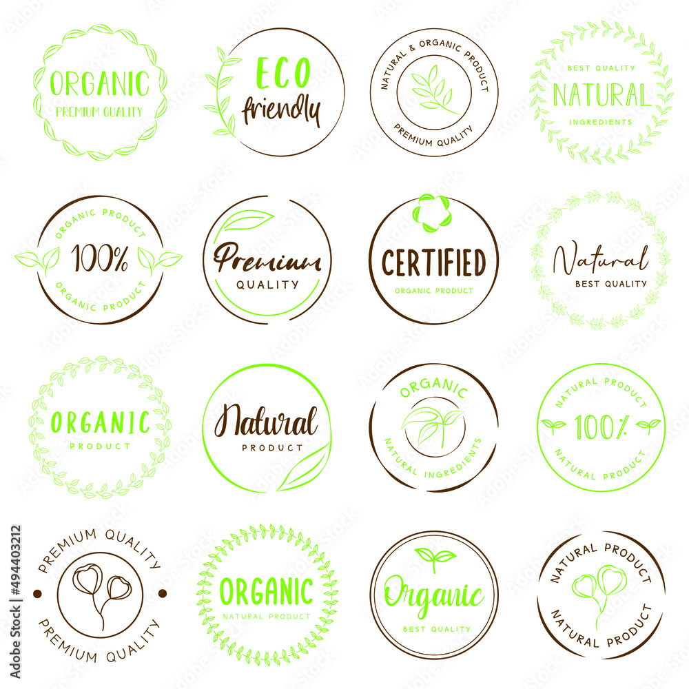 Organic food, natural product icons and elements collection for food market. Vector illustrations for graphic, packaging design, marketing material, restaurant business and premium quality products.