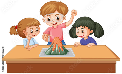 Kids doing science experiments on volcanic eruptions