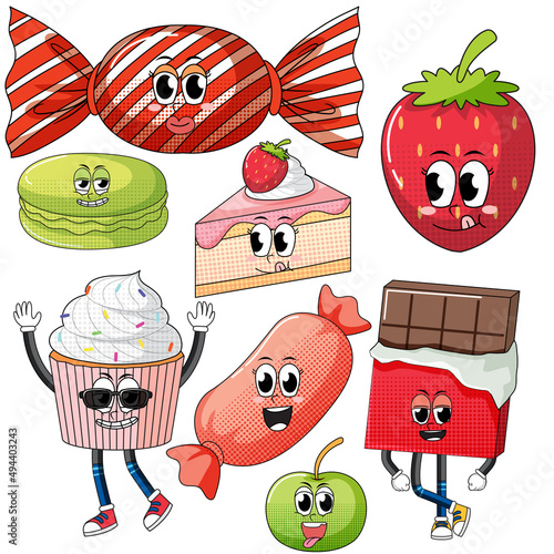 Set of facial expression with vintage style food cartoon on white background