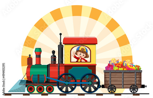 A kids in a train with present