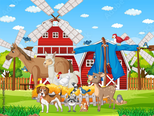 Farm scene many animals by the barn