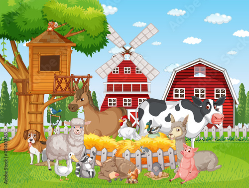 Farm scene with many animals by the barn