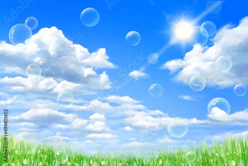 光り輝く太陽と入道雲のある青空に飛行機雲とシャボン玉の飛ぶ新緑の美しい若葉の初夏フレーム背景素材
