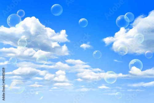 雲のある青空に美しいシャボン玉の飛ぶ美しい初夏フレーム背景素材