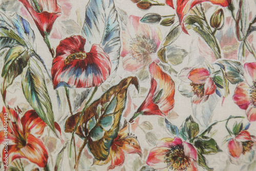 Fragment of colorful floral pattern on textile
