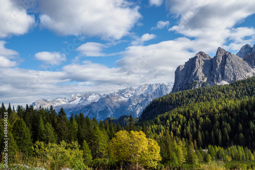 Panoramic view of the famous peaks of the Dolomites, Belluno Province, Dolomiti Alps, Italy