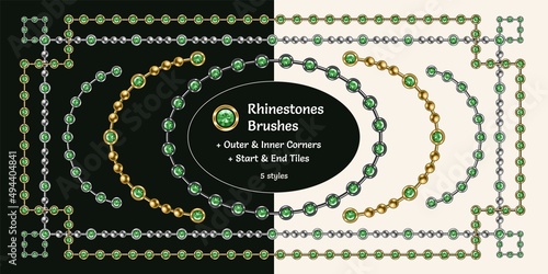 Pattern brushes with green emerald rhinestones and metal beads. Chain brushes with corners, end and start tiles. Gold and silver version. Isolated on white and black background.