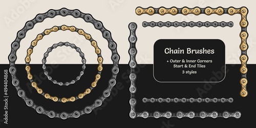 Set of bike chain pattern brushes with corners, end and start tiles. For vintage design of logo, emblem, symbol, sign, badge, label, stamp. Isolated on white and black background