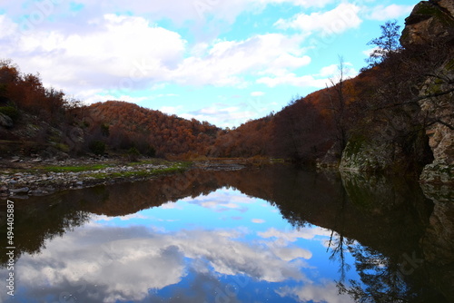 Erythropotamos river in Evros in Greece, river view in autumn, heart on river and sky vire